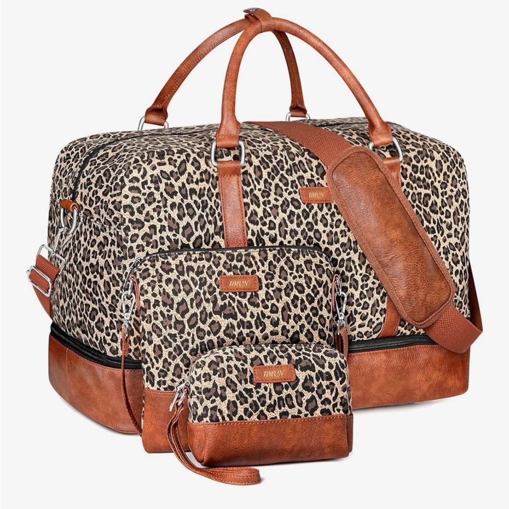 Leopard Weekender Travel Bag Set with Leather Base & Handle